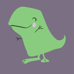 Vector Illustration of a Happy T-Rex in Simplified Drawing Style for Children's Book, Green with Pink Patches and Grey Details on Lilac Background