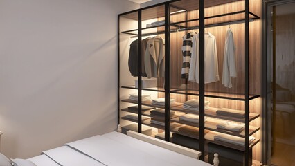 glass bedroom wardrobe with illuminated shelves