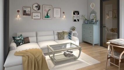 moden style contemporary living room with sofa , chest of drawers , classic style  glass and wood coffe table 