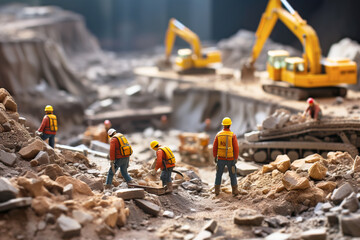 Tiny workers in protective helmets and vests doing earthworks with an excavator. 