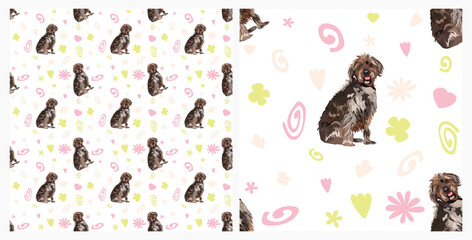 Summer pattern with spirals, leaf, flowers and Wirehaired Pointing Griffon dogs. Bright colors. Elegant, soft seamless Delicate background, abstract summer pattern with hand-drawn colorful shapes.