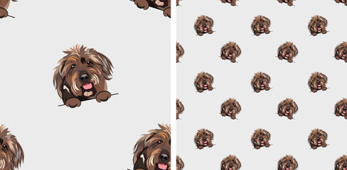 Seamless pattern with dog in a pocket, with paws only. Pink Packaging, textile, decoration, Wirehaired Pointing Griffon paper. Trendy hand-drawn funny mixed-breed dogs looking out, square pattern.