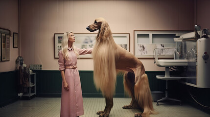 woman with giant afghan hound dog in room  illustration generative ai 