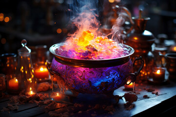 Witch cauldron with boiling luminous potion and various magic ritual attributes for alchemy, spooky wallpaper for Halloween