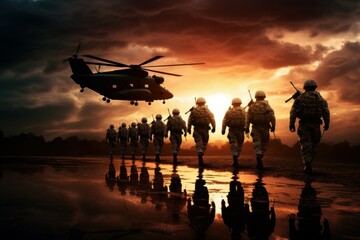Fototapeta na wymiar Army during sunset. Generate Ai