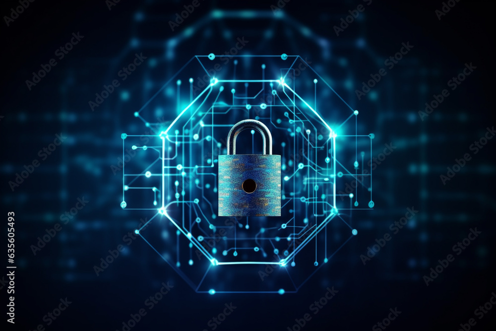 Poster cyber security concept. lock symbol from lines and triangles, point connecting network on blue backg