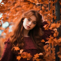 Naklejka na ściany i meble Beautiful girl surrounded by autumn leaves. Generative AI