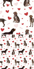 Valentine's day pattern with Wirehaired Pointing Griffon breed dogs and hearts on a white background. Love doodles hearts with pets holiday texture. Square background, repeatable pattern. St Valentine