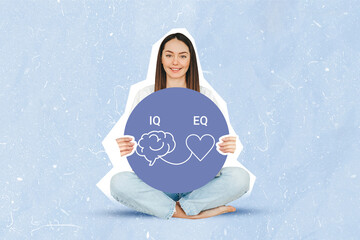 iq eq concept. girl holding poster with hand drawing a brain and heart - obrazy, fototapety, plakaty