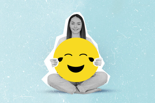 Naklejka happy girl holding large smiley emoji collage isolated on blue color background