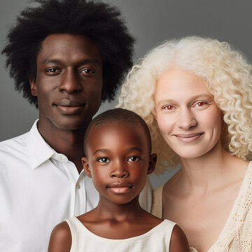 Albino woman. A family of Africans, a man and a boy are dark-skinned, and a woman with white hair and skin, a mutation. Close-up of a family photo
