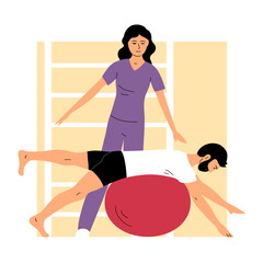 Physical rehabilitation clinic. Doctor woman and patient man. Balance on the ball. Therapy and exercise. Flat vector illustration - obrazy, fototapety, plakaty