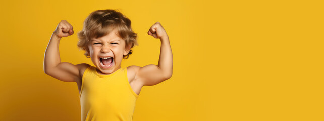 3-year-old funny and ridiculous child shows his biceps. Funny and smiling. Generative AI