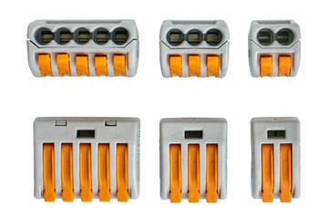 Various connection clamp terminals isolated on a white background