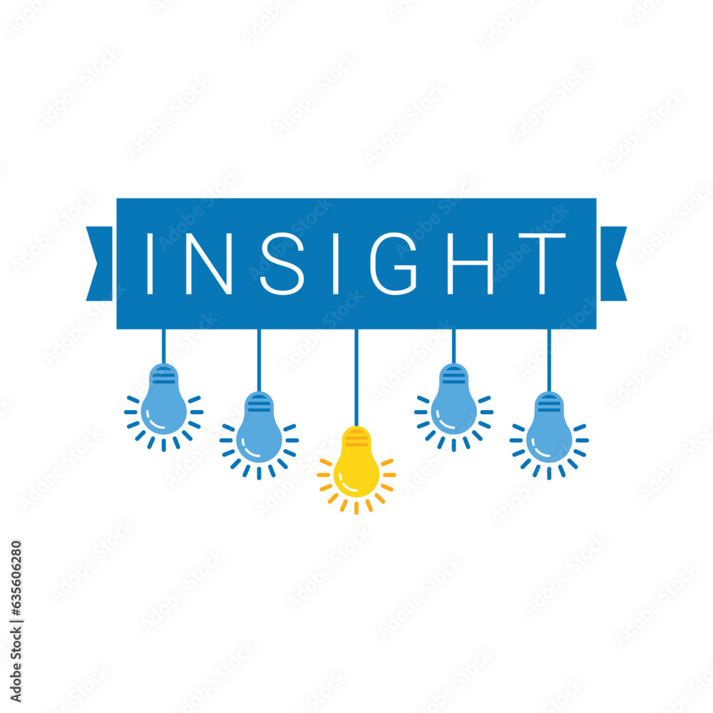 Poster insight with hanging set of colored bulbs. flat cartoon graphic minimal abstract design isolated on 