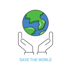 thin line hand holding earth. concept of sustainable biosphere saving for next generation. flat simple style trend modern save the world logotype graphic linear art design isolated on white background