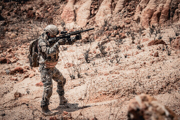 Soldiers of special forces on wars at the desert,Thailand people,Army soldier Patrolled the front...