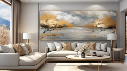 Beautiful bright room with an abstract rough gold art painting on the wall. Generative AI.