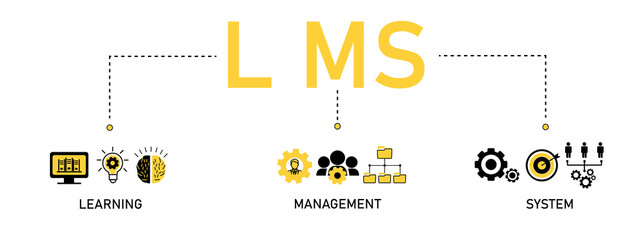 LMS banner web icon vector illustration concept for learning management system, educational courses, training and development programs with online learning, administration, growth, and automation icon