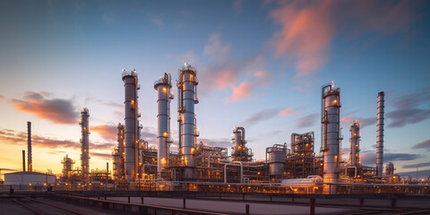 oil refinery at twilight, oil refinery at night, oil refinery at sunset