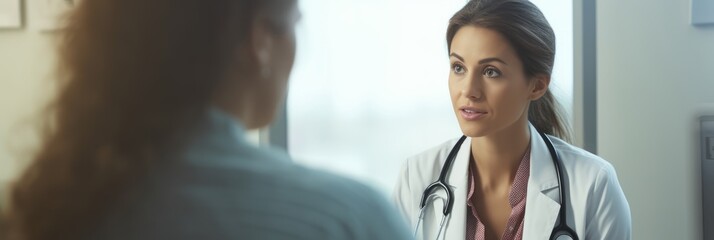Female doctor attentively listening to a patient during a medical consultation. Generative AI