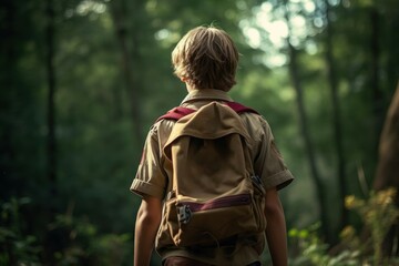 Fototapeta premium Back view of adventurous scout boy. Generate Ai