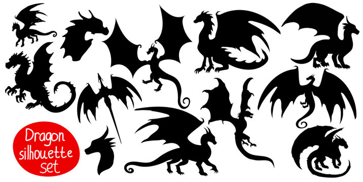 Set of vector dragon silhouette on white background