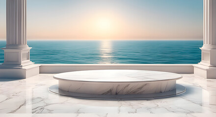 A white marble podium beetween greek columns with the sea as background. Product display. Advertisiment concept.