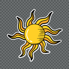 Hand Drawn Vector Sun Isolated on Transparent Background Creative Doodle Style Cool Sun Rays. Cool Hand Drawn Cartoon Sun. Summer Time Design Element. Vector Sun Sticker Design for Website or Print
