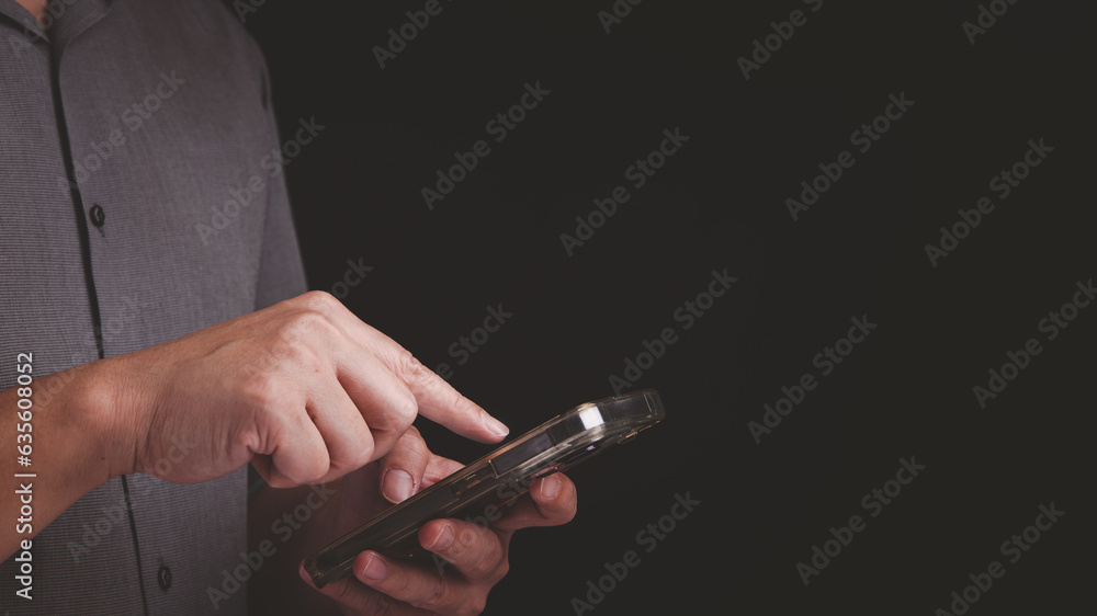 Poster businessman using smartphone application by touch on mobile phone screen. internet communication, mo