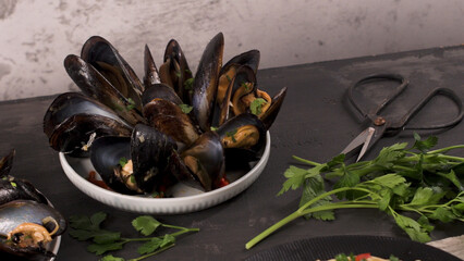 Homemade pasta spaghetti with mussels
