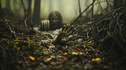 Obraz premium Creepy hands emerging from the ground, reaching out towards an unsuspecting victim. Halloween poster or banner concept.