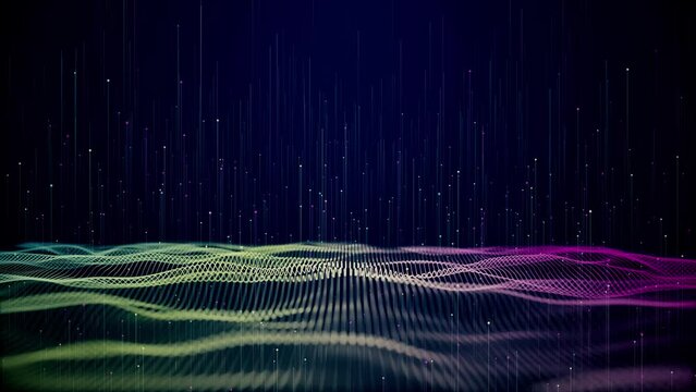 Abstract Waving Particle Technology Big data Background Design. wave moving dots flow particles, hi-tech and big data background design. Modern hi-tech, science. Digital technology, deep learning