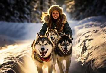 Husky sled dogs pulling a sled in arctic mountain wilderness. Shallow field of view.	