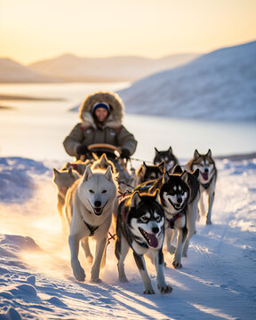 Husky sled dogs pulling a sled in arctic mountain wilderness. Shallow field of view.	