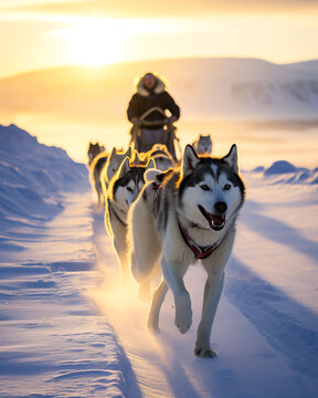 Husky sled dogs pulling a sled in arctic mountain wilderness. Shallow field of view.	