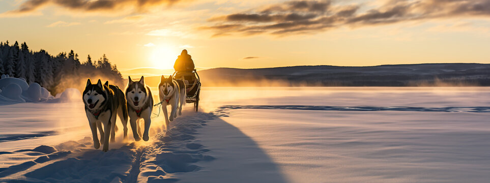 Husky sled dogs pulling a sled in arctic mountain wilderness. Shallow field of view.	