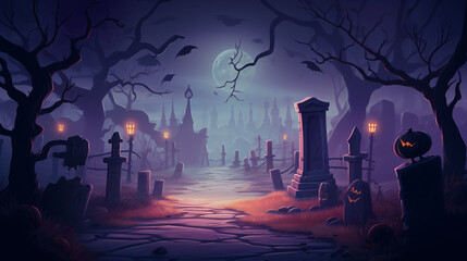 Glowing pathway through a foggy graveyard adorned with spooky tombstones. Halloween flyers and posters backdrop.