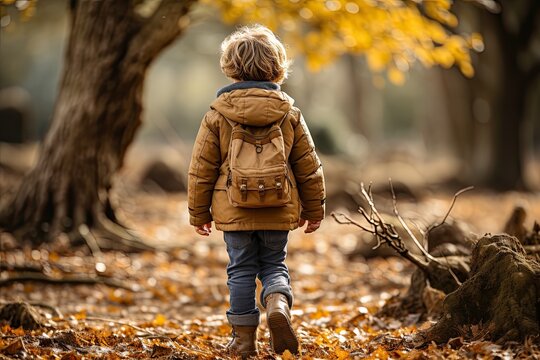 A boy wearing a coat with a hood is walking alone in a hiking trail covered with fallen autumn leaves. The trail goes through a forest and is shaded. A fall concept image with some mystery.