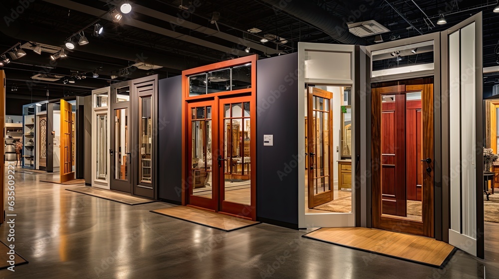 Poster Door and window trade full of doors on display in the showroom shop, modern style. Generative AI