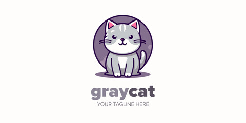 Cute Gray Cat Charm: Kawaii Mascot Cartoon Logo Design Icon, Hand-Drawn Illustration Character for Pet Store, Pet Shop, Toys, Food, and More