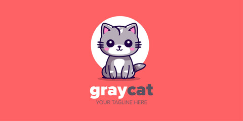 Whiskers and Paws Delight: Cute Kawaii Gray Cat Mascot Cartoon Logo Illustration, Ideal for Pet Store, Pet Shop, Toys, Food, and More