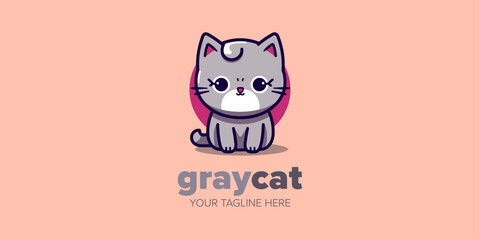 Bringing Cuteness to Business: Hand-Drawn Kawaii Gray Cat Mascot Cartoon Logo, Perfect for Pet Store, Pet Shop, Toys, Food, and More