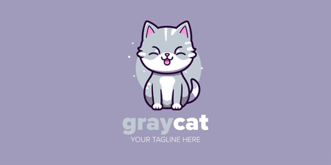 Versatile Character Design: Cute Kawaii Gray Cat Mascot Logo for Pet Store, Pet Shop, Toys, Food, and More - A Charming Hand-Drawn Illustration