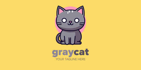 Cute Kawaii Gray Cat Mascot Cartoon Logo: A Hand-Drawn Icon Illustration Character Fit for Every Business, Pet Store, Pet Shop, Toys, Food, and More
