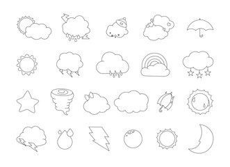 Weather forecast drawing. Coloring Page. Set of vector meteorological symbols. Collection of design elements.