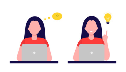 A woman working at a computer thinking about solving problems and finding a creative idea. Vector illustration in flat style. Isolated on white background.