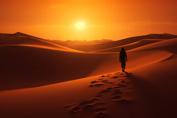 Fototapeta na wymiar A silhouette wandering in a vast desert
