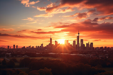 Naklejka premium An urban skyline with a brilliant sunset in the background