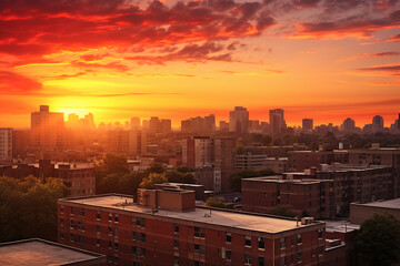 An urban skyline with a brilliant sunset in the background